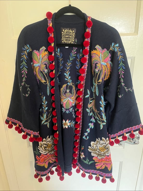 Johnny Was Sweaters - Johnny Was Navy Embroidered BIYA SHORT KIMONO Pom-pom sweater
